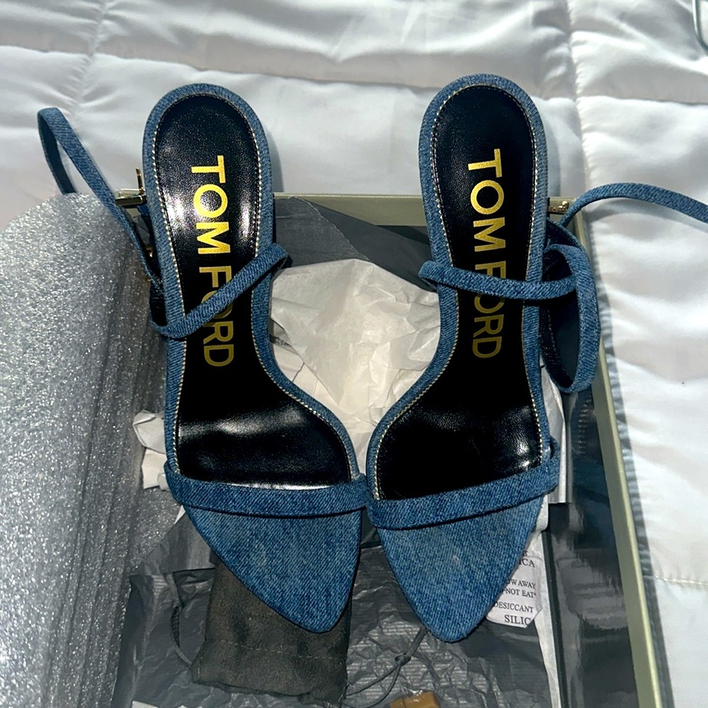 Tom Ford 105mm Denim Padlock Sandals Leather Heels Size 38